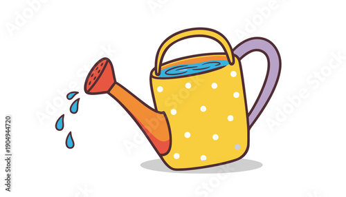 Yellow watering can with white polka dots and blue water