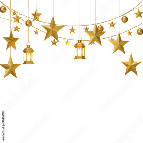 A festive display of hanging golden stars and lanterns against a light background isolated on white background