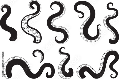 Black and white octopus tentacle set with suction cups in different curved shapes, marine sea creature silhouette illustration for tattoo, logo, ocean design, and vector art.