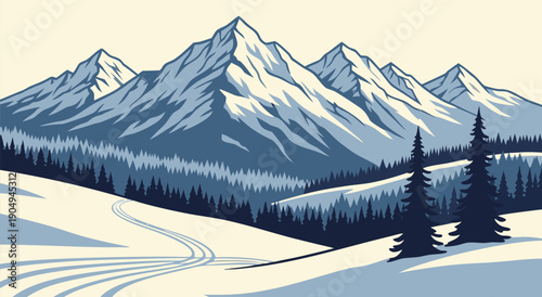 Stunning vector illustration of a snow-covered mountain range with pine trees and ski tracks on a crisp winter day