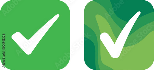 Two Green Check Mark Icons with White Tick Symbols on Square Backgrounds for Success, Approval, Task Completion, and Validation Concepts