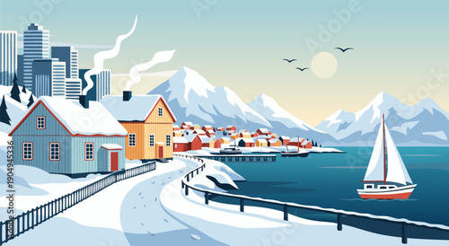 Serene Winter Village Vector Illustration with Mountains and a Sailboat on a Snowy Day
