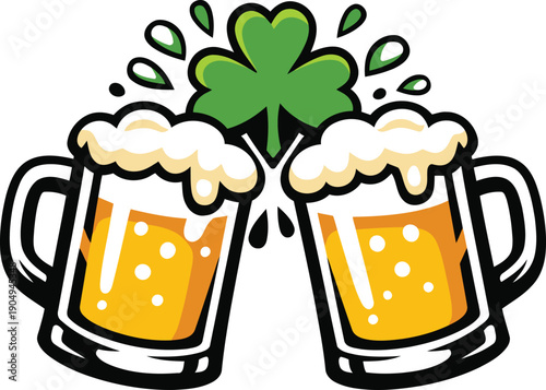 St Patrick’s Day Beer Mugs Cheers with Shamrock Splash Vector Illustration
