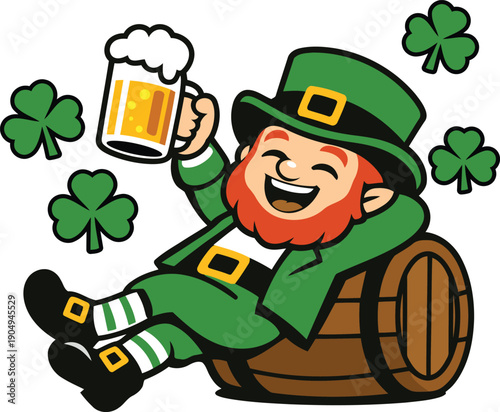 Funny Leprechaun Drinking Beer While Relaxing on Barrel St Patrick Vector