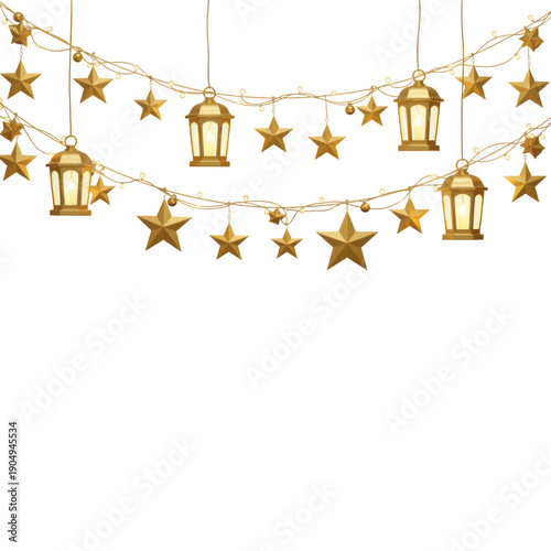 Wallpaper Mural Elegant string of golden stars and festive lights hanging decoratively isolated on white background Torontodigital.ca