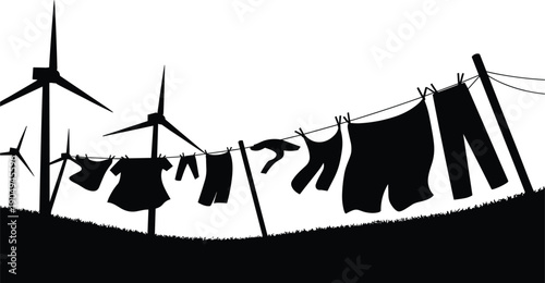 Silhouette of clothes hanging on outdoor laundry line near wind turbines, eco friendly lifestyle concept, renewable energy background, drying garments in countryside, black illustration.