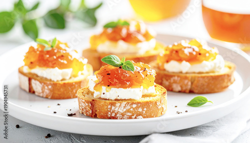 Apple marmalade and goat cheese crostini, sweet and savory, gourmet style, closeup. AI