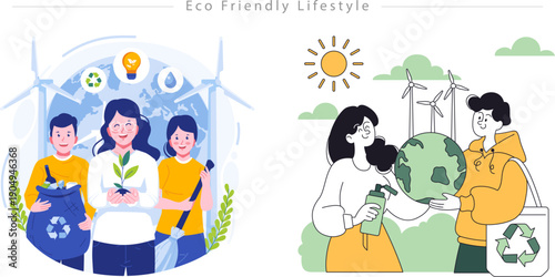 Eco Friendly Lifestyle and Sustainable Habits Vector Community Recycling, Reusable Bottle and Clean Energy Icons