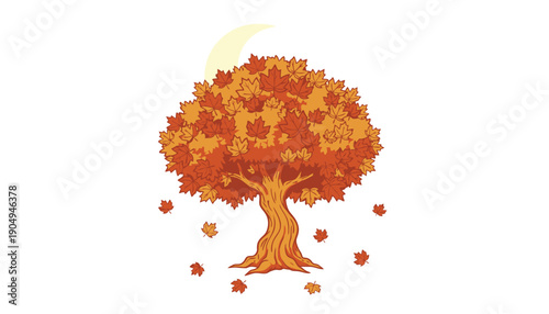 Autumn tree with orange leaves and a crescent moon fall