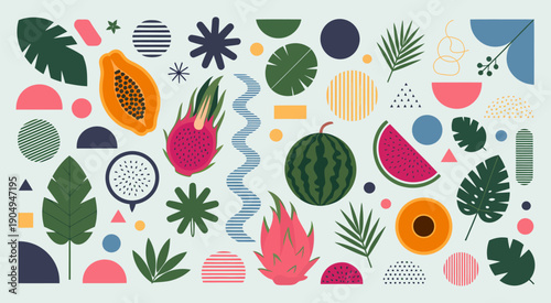 a vibrant and playful abstract composition featuring tropical fruits like papaya and dragon fruit, ranked titles concept, hierarchy freshness symbols, premium creative levels for modern graphic and su