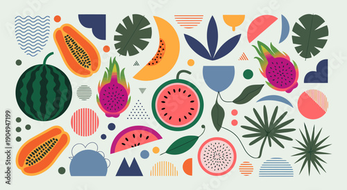 a vibrant and playful abstract composition featuring tropical fruits like papaya and dragon fruit, ranked titles concept, hierarchy freshness symbols, premium creative levels for modern graphic and su