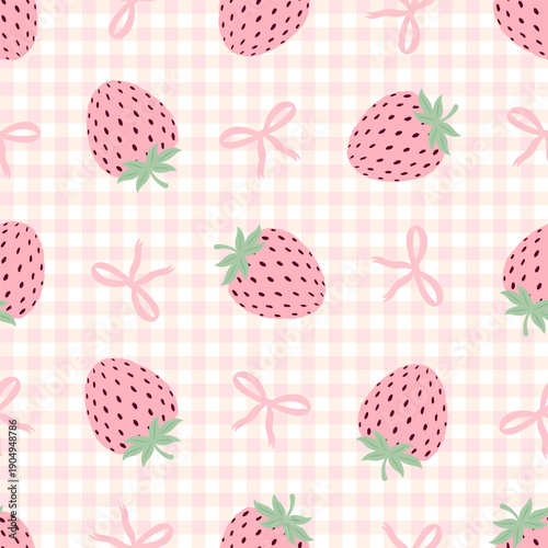 Seamless pattern with pink strawberries and ribbons on a gingham background. Coquette aesthetic for summer textiles and decor.