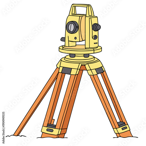 Yellow Theodolite on Wooden Tripod - Surveying Instrument Illustration