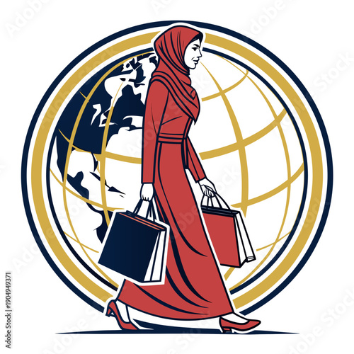 Hijabi Woman Shopping with Global Earth - International Commerce Logo