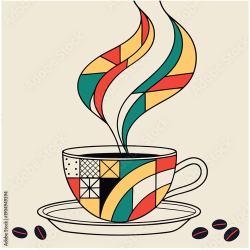 Abstract Geometric Coffee Cup with Colorful Steam - Modern Design