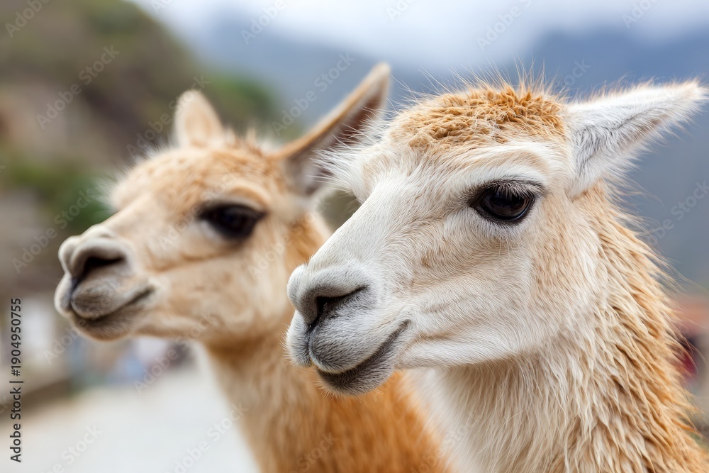 Fototapeta premium Two llamas standing on grassy hillside with mountain background