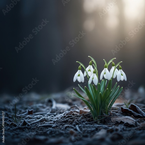 Clusters of pure white snowdrop blossoms emerging from the cold, dark forest floor, announcing the welcome arrival of the very first days of spring, nature, botany, natural light