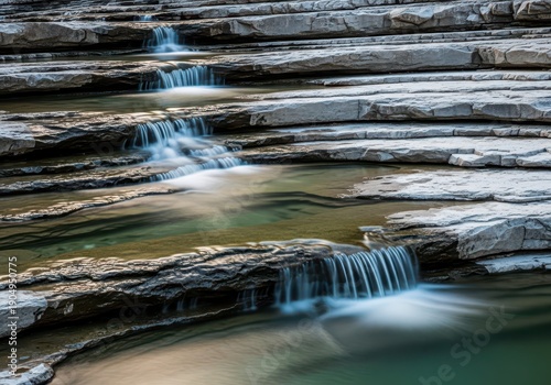 Crystal clear water flowing down smooth, tiered rock layers creating small waterfalls and natural pools in a rugged environment, movement, creek, environment
