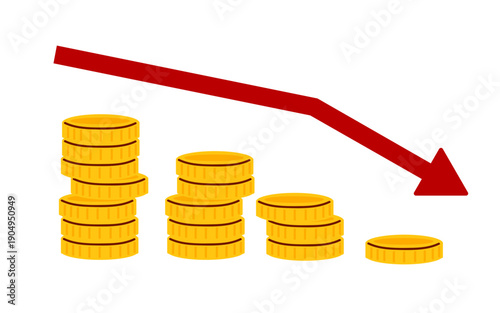 Simple line chart, descending trend with red downward arrow. Stacks of diminished coins. Financial loss, decreasing profits, market decline, budget deficit, economic downturn. Vector illustration