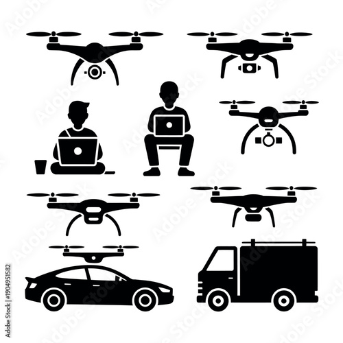 Silhouettes of drones and people operating laptops surround delivery vehicles for logistics.
