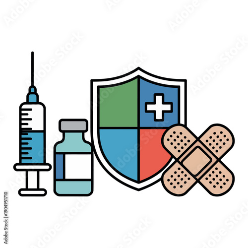Syringe, vaccine vial, protective shield, and bandage represent healthcare and medical.