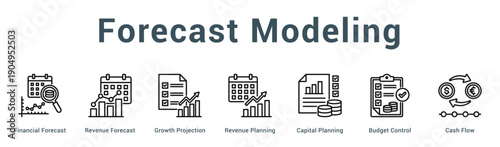 Forecast Modeling  Modern and clean web banner illustration vector featuring thematic icons