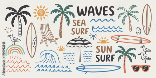 Hand-Drawn Doodle Beach and Surf Icon Vector Set in Retro Colors with Tropical Palm Trees, Ocean Waves, Surfboards, and Sun Elements for Summer Designs, T-Shirts, Posters, and Coastal Artwork