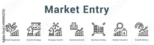 Market Entry  Modern and clean web banner illustration vector featuring thematic icons