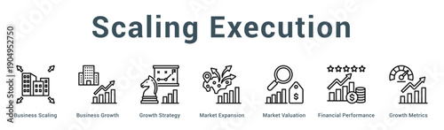 Scaling Execution  Modern and clean web banner illustration vector featuring thematic icons