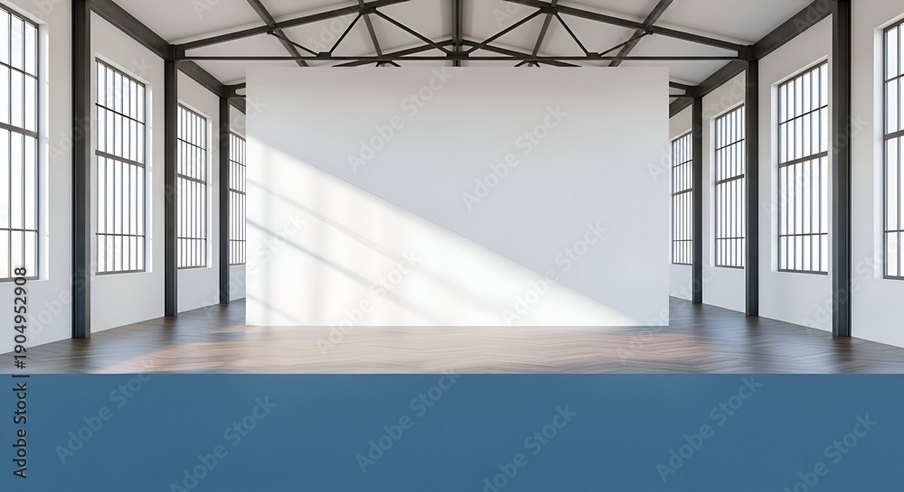 Obraz premium Industrial Interior With Blank White Canvas And Large Windows Light And Shadow Wooden Floor Blue Surface