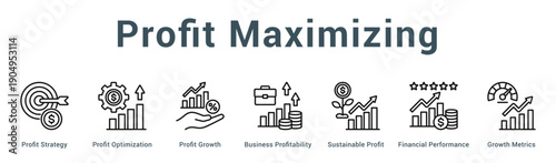 Profit Maximizing  Modern and clean web banner illustration vector featuring thematic icons