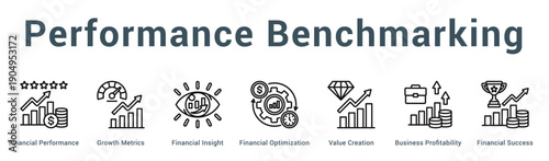 Performance Benchmarking  Modern and clean web banner illustration vector featuring thematic icons