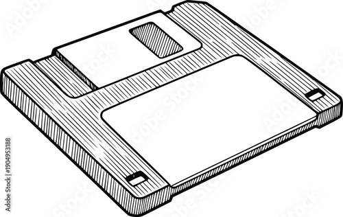 vintage floppy disk illustration in hand drawn style with black fill and no white fills showing classic 3.5 inch diskette for data storage and save icon