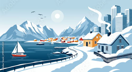 Scenic winter harbor vector illustration with snow-covered mountains and a sailboat gliding across the calm water