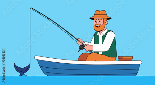 Vector illustration of a smiling man fishing from a boat, a fish tail visible in the water, depicting a peaceful hobby