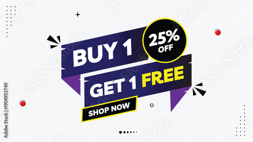 Buy One Get One Free Sale Banner – 25% Off, Shop Now, Element Shapes Template, Yellow Black Purple Gradient on White Background