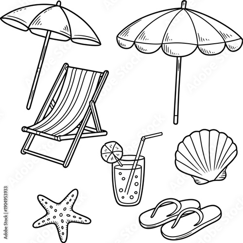 hand-drawn beach set with umbrella, chair, shell, drink, and flip-flops for summer design, ranked titles concept, hierarchy leisure symbols, premium holiday levels for playful seasonal graphic project