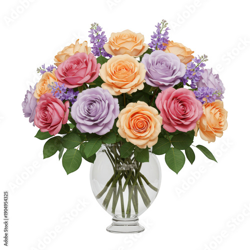 Elegant bouquet of mixed roses in a clear glass vase for decorative purposes. isolated on white background