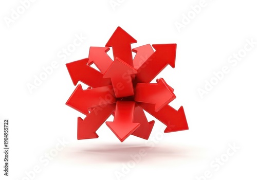 A cluster of bright red arrows pointing in many opposing directions on a white background, symbolizing choice and complexity, red, planning, white