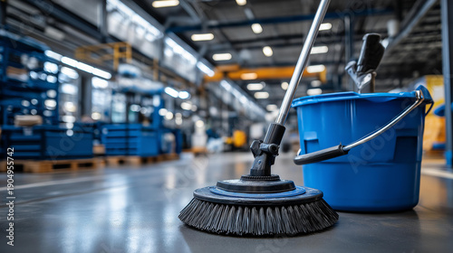 Concept of cleaning in industrial premises, manufacturing facility maintenance, warehouse sanitation, commercial janitorial services, factory hygiene standards, professional