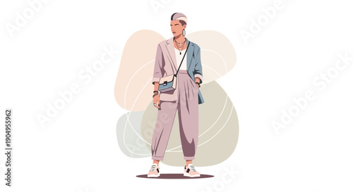Stylish Woman in Jumpsuit with Crossbody Bag Illustration.