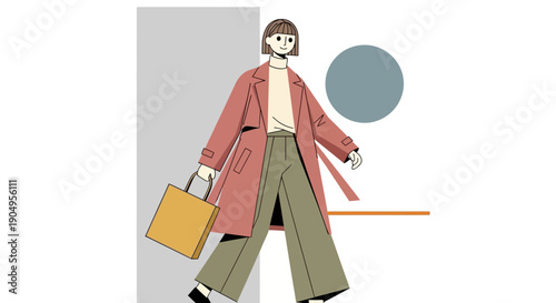 Stylish Woman in Trench Coat with Yellow Bag Illustration.