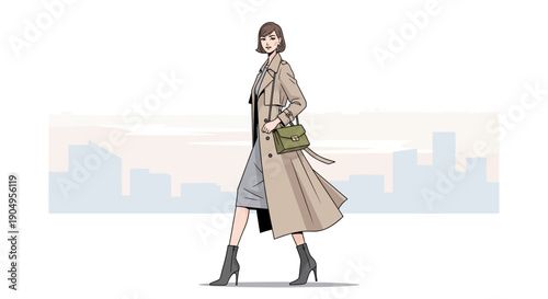 Stylish Woman in Trench Coat Walking in the City.