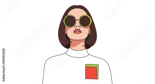 Stylish woman with bob haircut and round sunglasses looking up.