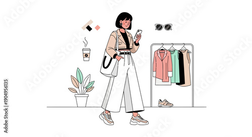 Stylish Woman with Phone in Fashionable Outfit Illustration.