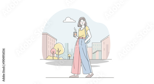 Stylish Woman with Drink in Urban Setting Illustration.