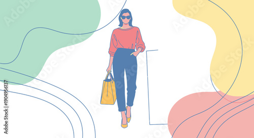 Stylish Woman with Shopping Bag in Fashion Illustration.