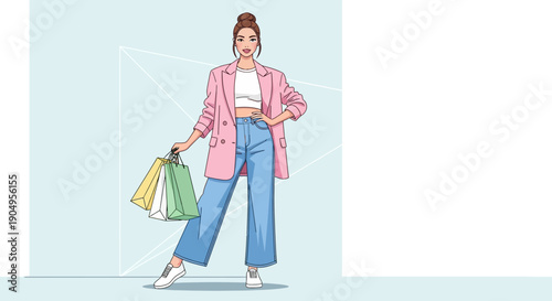 Stylish Woman with Shopping Bags in Trendy Outfit Illustration.