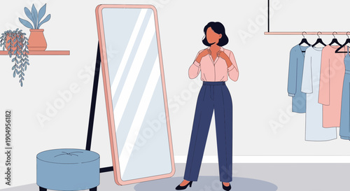 Woman Adjusting Shirt in Front of Mirror in Dressing Room.