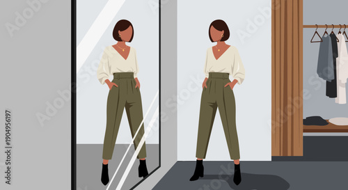 Woman admiring her outfit in a mirror fashion and style.